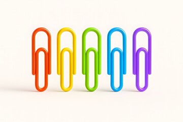 Five colorful paper clips arranged in a row on a white background isolated on white background