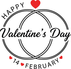 Minimal Happy Valentine&rsquo;s Day Design with Interlocking Rings, Red Heart,s and 14 February Typography