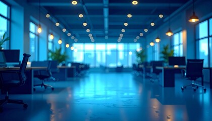 High-Resolution Image of Modern Office Interior with Soft Blur, Blue Accents, Stylish Tables and Chairs, and Lighting Designed to Inspire Innovation and Productivity