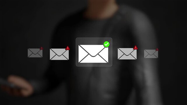 Filter spam alerts, email hacking and spam warning, email security threats, online protection and cybersecurity concept. Businessman touching safe email notification on virtual screen. 3D video