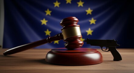 Gavel and gun on wooden table with european union flag in background