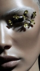 Creative makeup featuring golden flowers applied on a model's closed eyelid, casting intricate shadows across her face, embodying elegance in a beauty and fashion setting