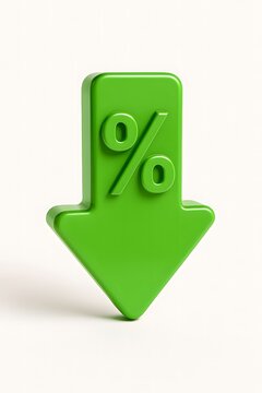 Green down arrow with percent symbol indicating a decrease in percentage or price isolated on white background