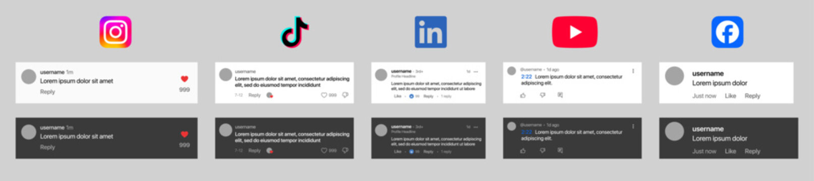 YouTube LinkedIn TikTok Facebook and Instagram comment UI mockup showing threaded replies, emoji reactions, like share buttons, avatars, and modern clean layout in dark and light modes vector.