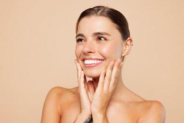 Close up side view happy beautiful half naked topless young woman 20s with nude make up look aside...