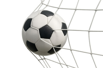 Naklejka premium Soccer ball hitting goal net scoring successful point, achieving victory, isolated on transparent background