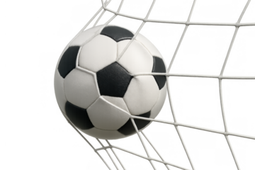 Soccer ball hitting goal net scoring successful point, achieving victory, isolated on transparent background