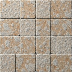 Fototapeta premium Seamless texture of square paving stones shows rough, weathered surface with sandy and off white tones. Patterned flagstones create a vintage, rustic floor or wall background.