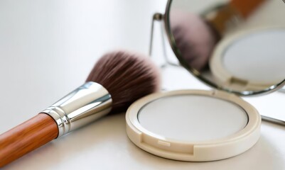 Makeup Brush Beside Compact On Vanity With Round Mirror Under Diffused Light