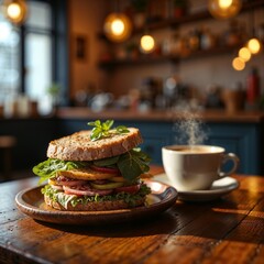 Gourmet café sandwich and coffee photography in earthy tones representing cozy breakfast