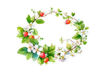 Fototapeta premium Watercolor illustration of a floral wreath with strawberries and blossoms, symbolizing autumn harvest