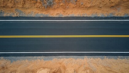 Aerial top view of newly paved asphalt road with yellow lane markings and white border lines. Dusty soil and rocks line the sides of the smooth dark surface.