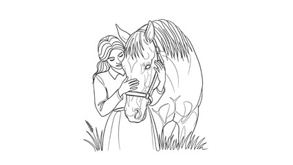 Woman embracing horse continuous black line art, gentle countryside connection minimalist vector illustration on white background
