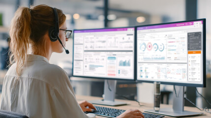 Professional Analyzing Data on Multiple Monitors in Office