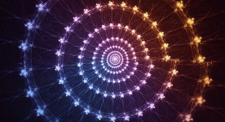 Obraz premium Spiral with starburstlike objects gradually changing color from blue to orange against a dark background