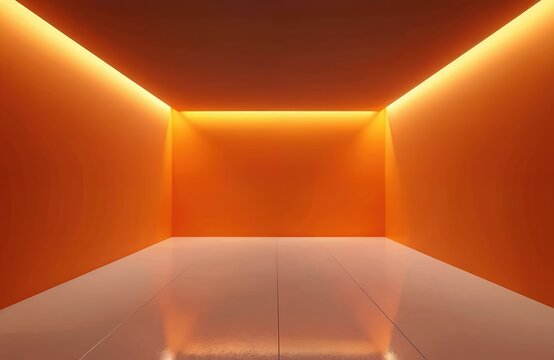 Orange room with bright lights. Empty space with glowing warm illumination. Modern interior design template with copy space for product presentation background. Simple minimalist style.