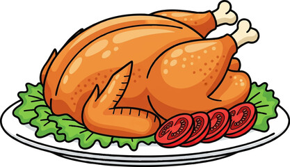 Roast chicken, whole, on a plate, flat vector illustration isolated on white.