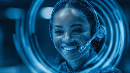 Smiling Virtual Assistant in Futuristic Digital Interface