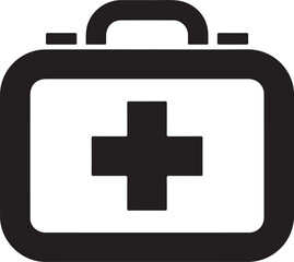 Simple black and white icon representing a medical first aid kit with a prominent cross symbol