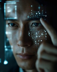 Asian male engineer interacts with a futuristic glowing circuit board pattern projected onto his face, exploring innovative technology and interface design