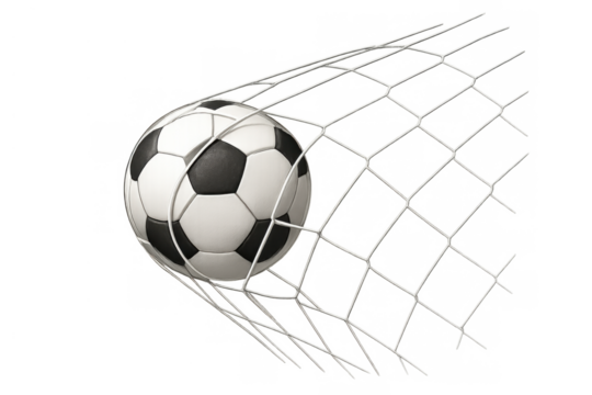 Soccer ball hitting goal net, scoring a point in competition, a winning moment on transparent background