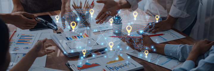 Concept of a global logistics network with location pins on a world map. This represents an...