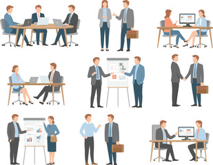 Business meeting, office teamwork, corporate discussion, professional collaboration, handshake, presentation, laptop analysis, workplace communication, strategy planning, vector illustration