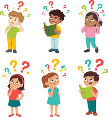Confused cartoon children thinking with question marks, puzzled expressions, learning concept, kids problem solving, educational curiosity, school challenge, vector illustration