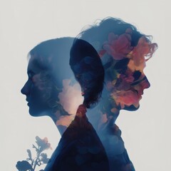 Double exposure image featuring silhouettes of a man and woman facing opposite directions, their profiles overlaid with colorful floral patterns symbolizing love, connection, and shared emotions