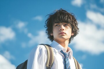 A young japanese male student with messy hair looks up at the sky with a backpack