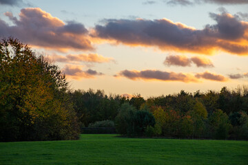 Fototapeta premium Landscape with a beautiful sunset and trees in autumn color at Rushcliffe Country Park in Nottingham, UK.