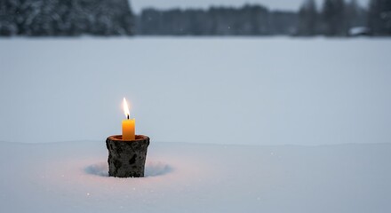 A single glowing candle in a rustic wooden holder illuminates a peaceful, vast snowy landscape, symbolizing warmth and hope amidst the serene quietude of winter