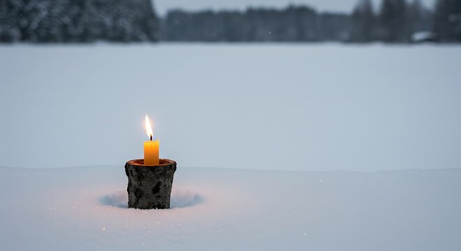 A single glowing candle in a rustic wooden holder illuminates a peaceful, vast snowy landscape, symbolizing warmth and hope amidst the serene quietude of winter