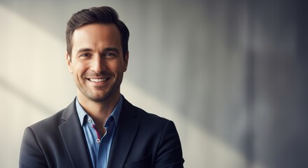 Confident smiling person in casual business attire, soft lighting, neutral background, modern portrait photography