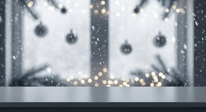 Empty table with blurred christmas tree and snow falling in front of window