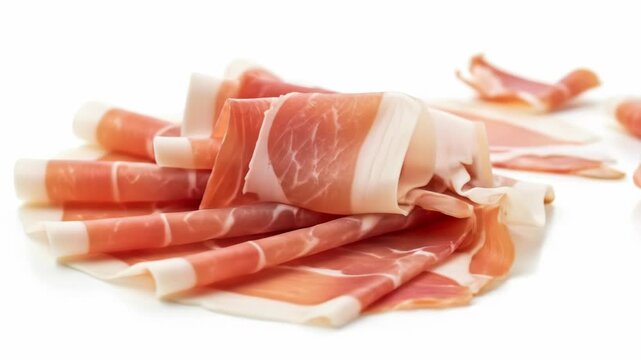 Sliced cured meat, curled, pink and white, on a white surface