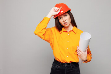 Young ill sick architect engineer designer employee white woman wears yellow clothes hardhat put hand arm on forehead isolated on plain grey background studio portrait. People work on build project.