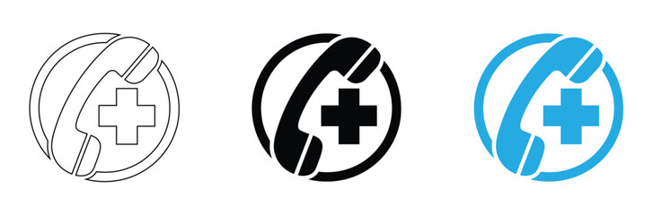 emergency call phone  medical icons symbol sign vector design black white color modern illustration,Medical emergency call for help with urgent health advice,editable stroke