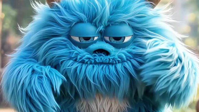 Animated blue yeti character displaying a range of emotions, transitioning from a serious expression to a concerned look