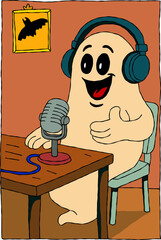 Halloween ghost is doing a horror story podcast.