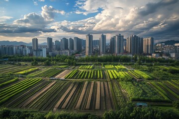 Urban skyline contrasts with lush green fields during sunset in a bustling city