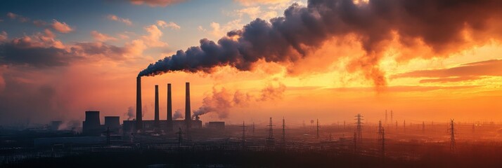 Smoke and smog rising from industrial zone at dusk