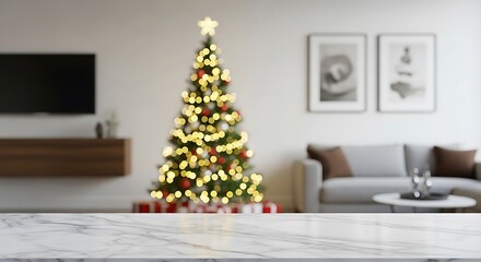 Blurred living room with christmas tree and marble counter in foreground