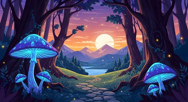Magical glowing mushrooms in a vibrant, enchanting fantasy forest at sunset.