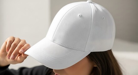 Close-up of a person wearing a plain white baseball cap, with a hand adjusting the brim.