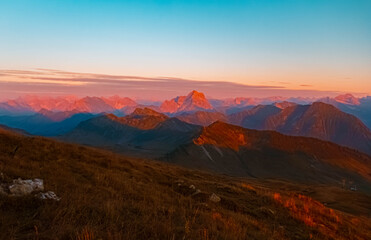 Alpine sunset or sundowner at Mount Diedamskopf, Schoppernau, Bregenz, Vorarlberg, Austria