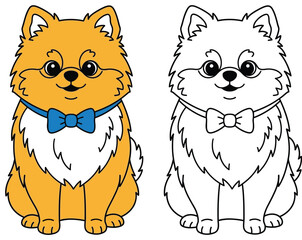 Cute Cartoon Pomeranian Dog Vector Illustration with Blue Bowtie, Sitting. Includes Colored Design and Black Line Art Outline for Coloring Book.
