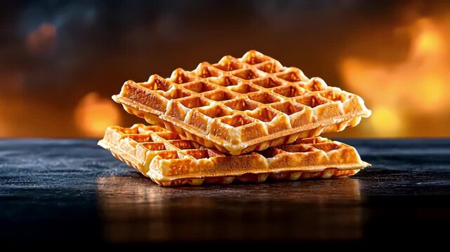 Two golden waffles stacked on a dark surface with a dramatic background.