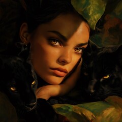 Beautiful woman with golden eyes is posing with two black panthers, creating a captivating and powerful image with a jungle like background