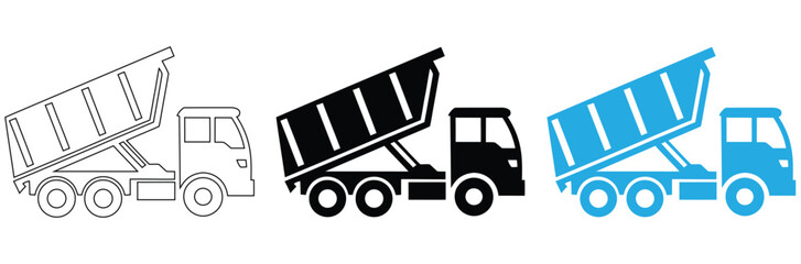  Dump truck emblem, black isolated silhouette,Construction dump truck silhouettes in black and blue colors,editable stroke